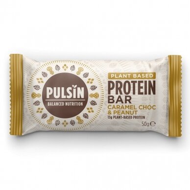 Šokoladinis karamelės ir žemės riešutų proteino batonėlis PULSIN "Caramel Choc & Peanut", 50g.