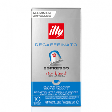 Kavos kapsulės be kofeino tinkančios Nespresso kavos aparatams Illy DECAFFEINATO 10 vnt. 2