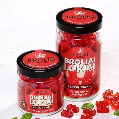 Aviečių skonio guminukai Brolių medus Broliai lokiai stiklainėlyje, 500 g Aviečių skonio guminukai Brolių medus Broliai lokiai stiklainėlyje, 500 g
