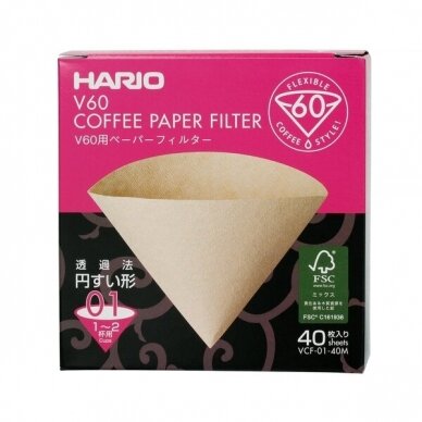 Popieriniai rudi filtrai Hario V60-01 kavinukui, 40 vnt.