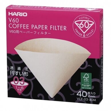 Popieriniai rudi filtrai Hario V60-03 kavinukui, 40 vnt.