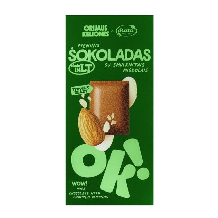 Pieninis šokoladas su smulkintais migdolais Rūta ORIJAUS KELIONĖS®, 70 g Pieninis šokoladas su smulkintais migdolais Rūta ORIJAUS KELIONĖS®, 70 g